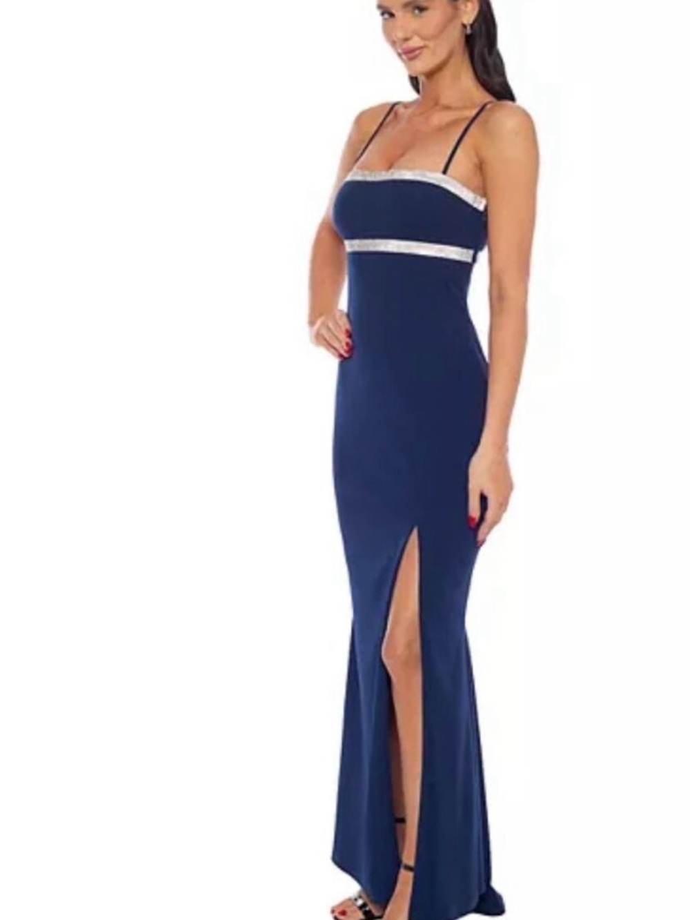 Jump   Apparel Navy Blue Prom Dress with Silver Trim